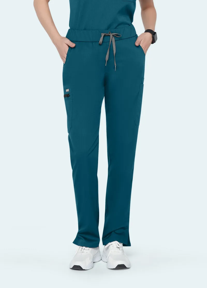 COMENII StyleFlex 8-Pocket Scrub Pant in Caribbean blue, tapered leg with cargo pockets