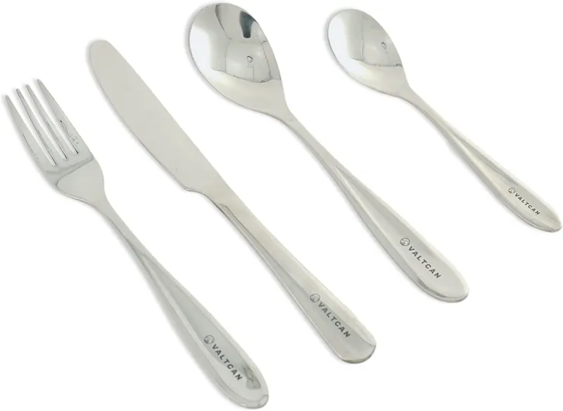 Valtcan Titanium Flatware Set with branding, four pieces laid flat