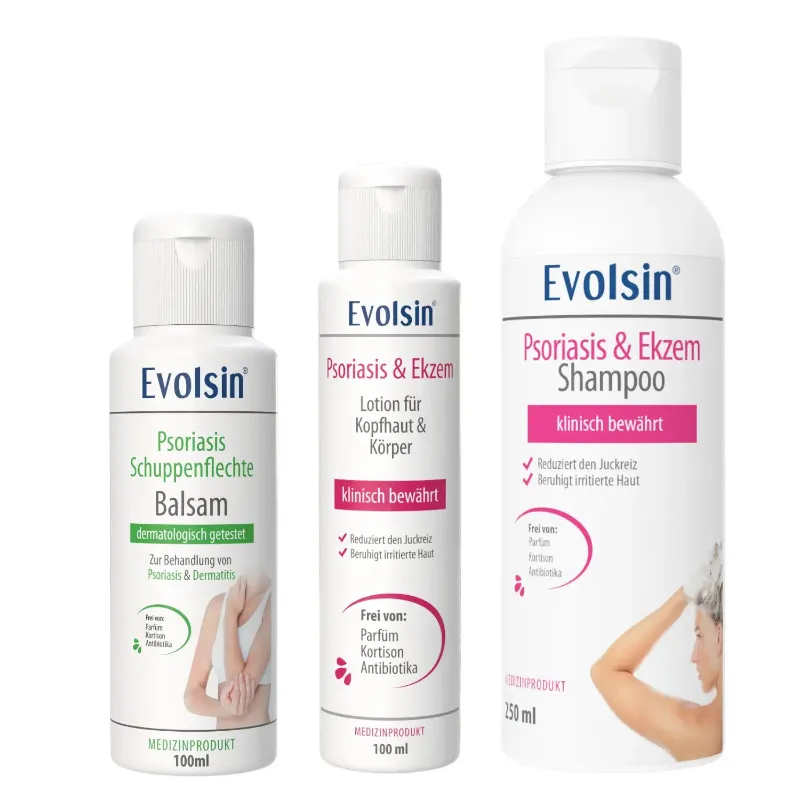 Evolsin Medical Psoriasis Intensiv Bundle with balsam, lotion, and shampoo