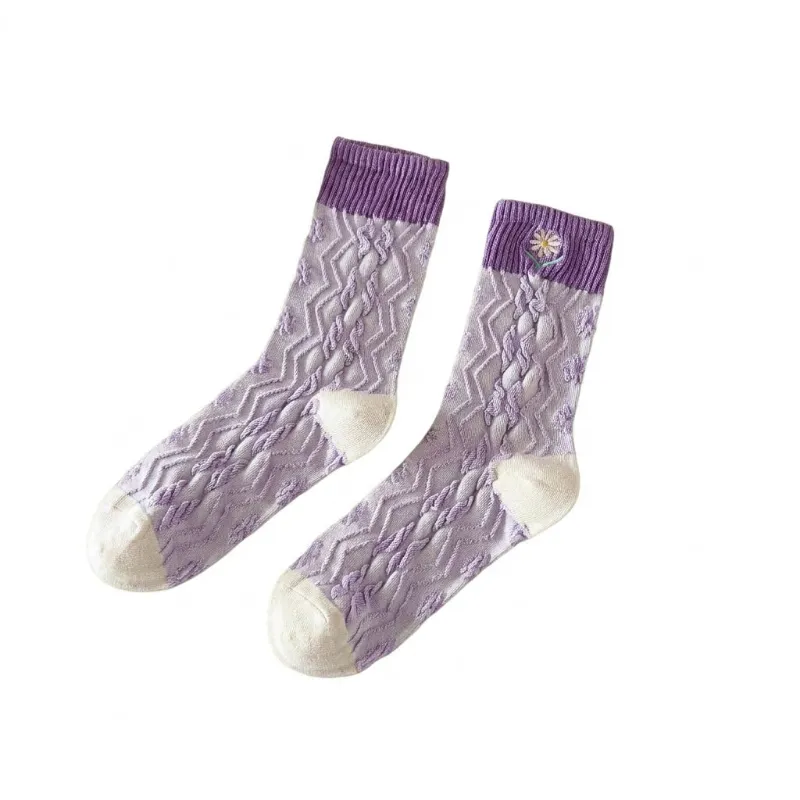 Cottagecore Clothes Cottagecore Texture Knit Sock in lavender cable knit with embroidered daisy and cream toe