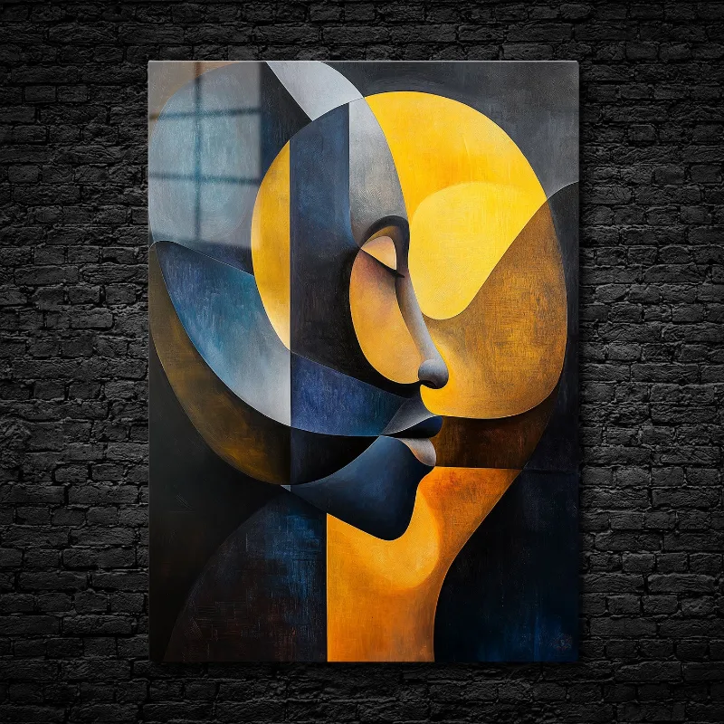 CruArt Harmony of Light and Shadow metal print, geometric abstract face in yellow, blue, and gray