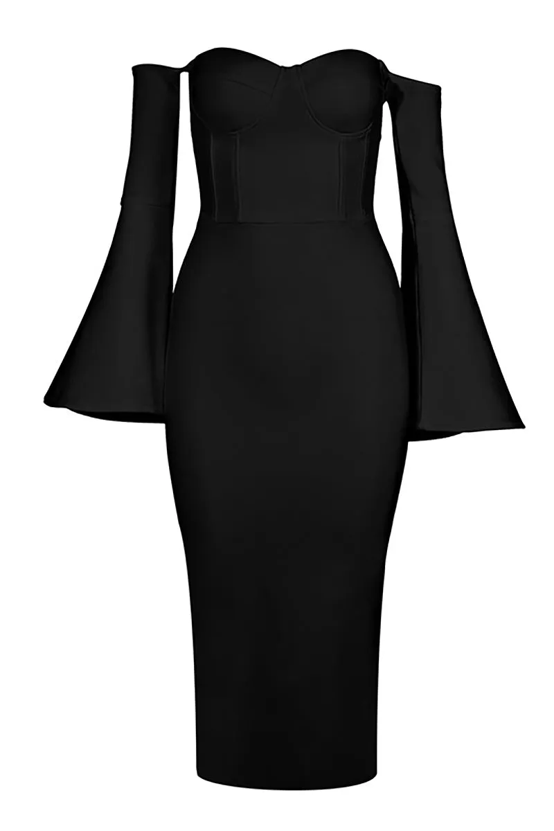 Mislish Black Strapless Sexy Bandage Dress With Long Sleeves, front view