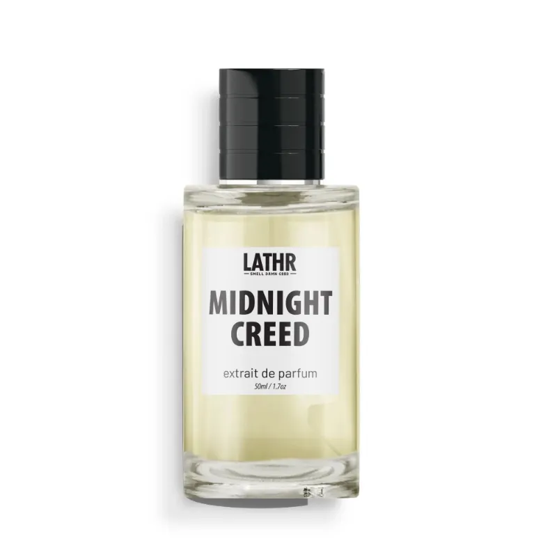 LATHR Midnight Creed Extrait Cologne bottle with dark amber woody fragrance