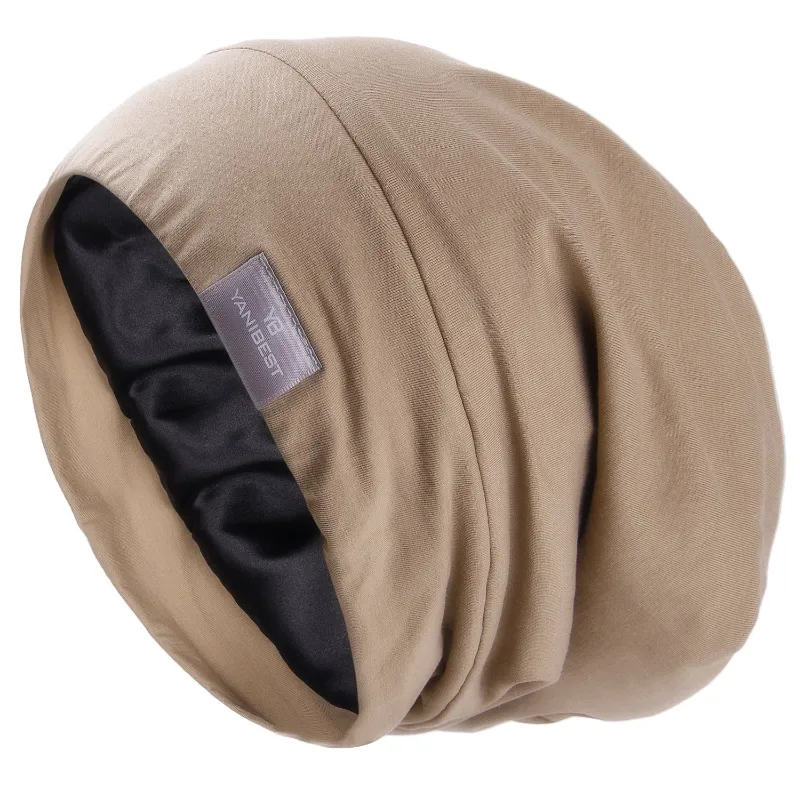 Yanibest Butter Satin Lined Slouchy Cap in khaki, satin interior visible