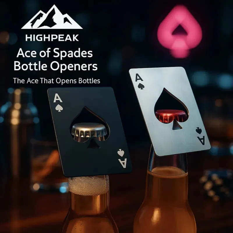 HighPeak Ace of Spades Bottle Openers beside a bottle cap on a bar