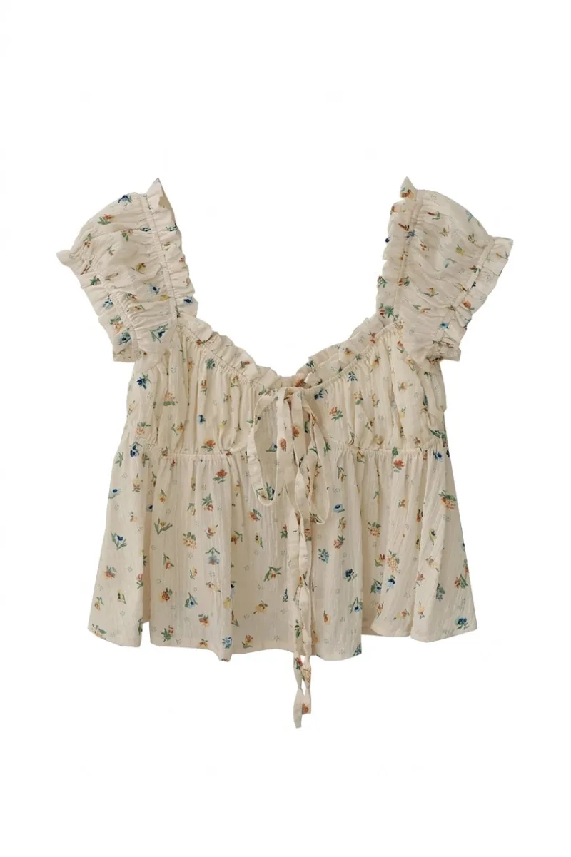 Cottagecore Clothes Cottagecore Tie-Front Shirt in cream with ditsy floral print and ruffled flutter sleeves
