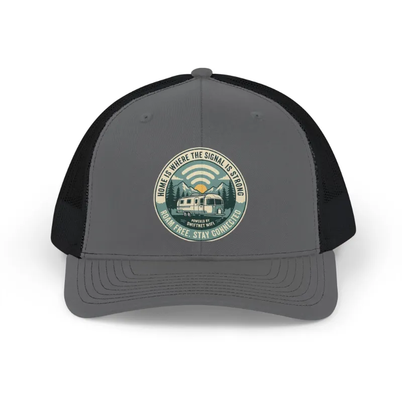 SwiftNetllc Where the Signal Is Strong Trucker Cap with vintage camper patch on structured mesh-back snapback