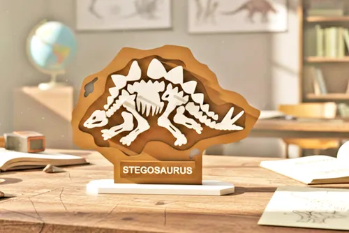 Fun House Toys Stegosaurus Bone Fossil Puzzle Model showing dinosaur skeleton pieces and display stand