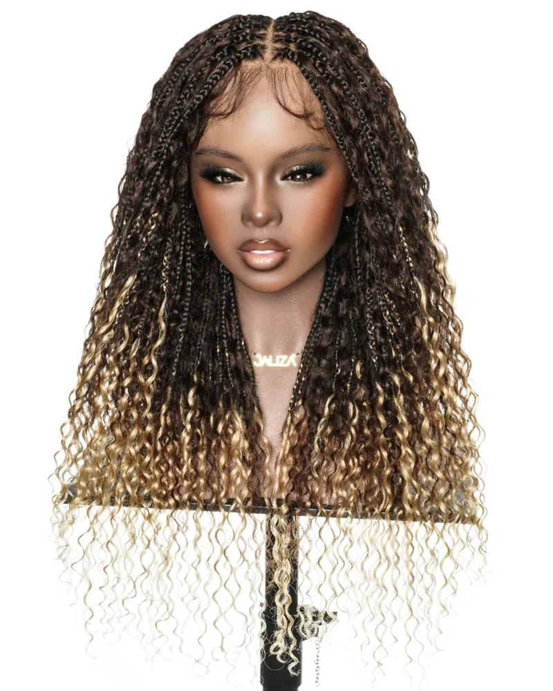 Jaliza 22 inch Slip-on Ombre 4-27 Water Wave Bora Bora Braided Wig showing dark roots to blonde ends