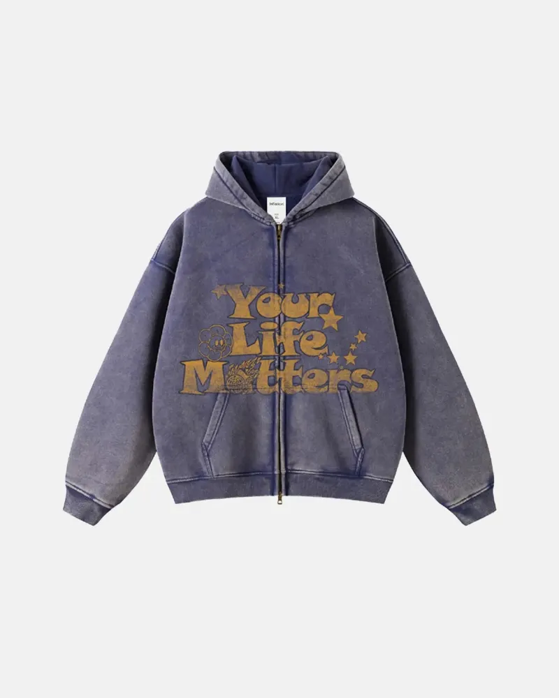 INFLATION Your Life Matters washed zip up hoodie in navy blue with distressed finish