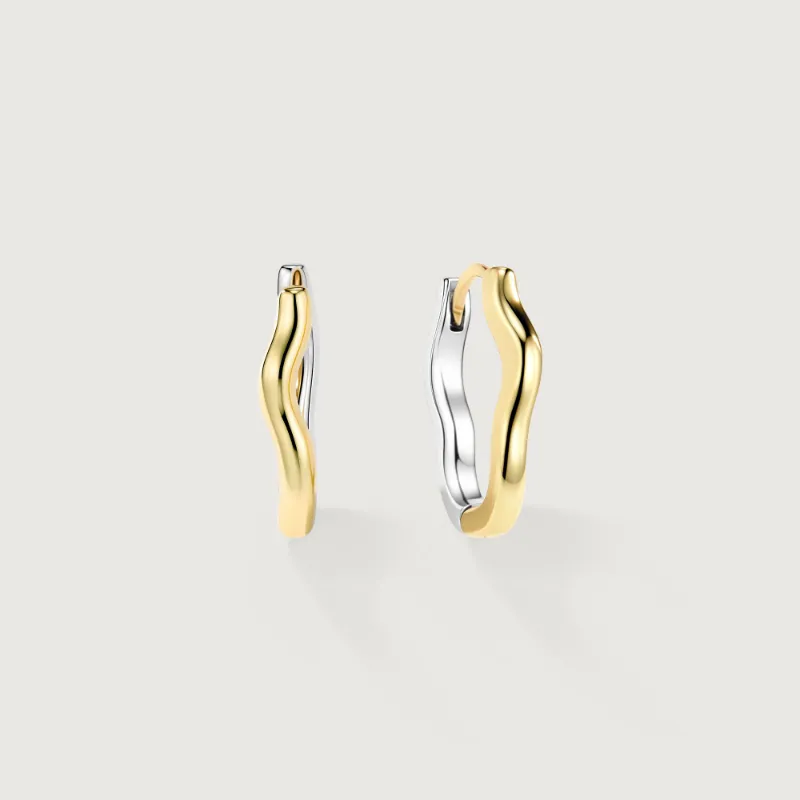 Alexcraft Flowline Two-Tone Wave Hoop Earrings showing asymmetric wave design in gold and white gold