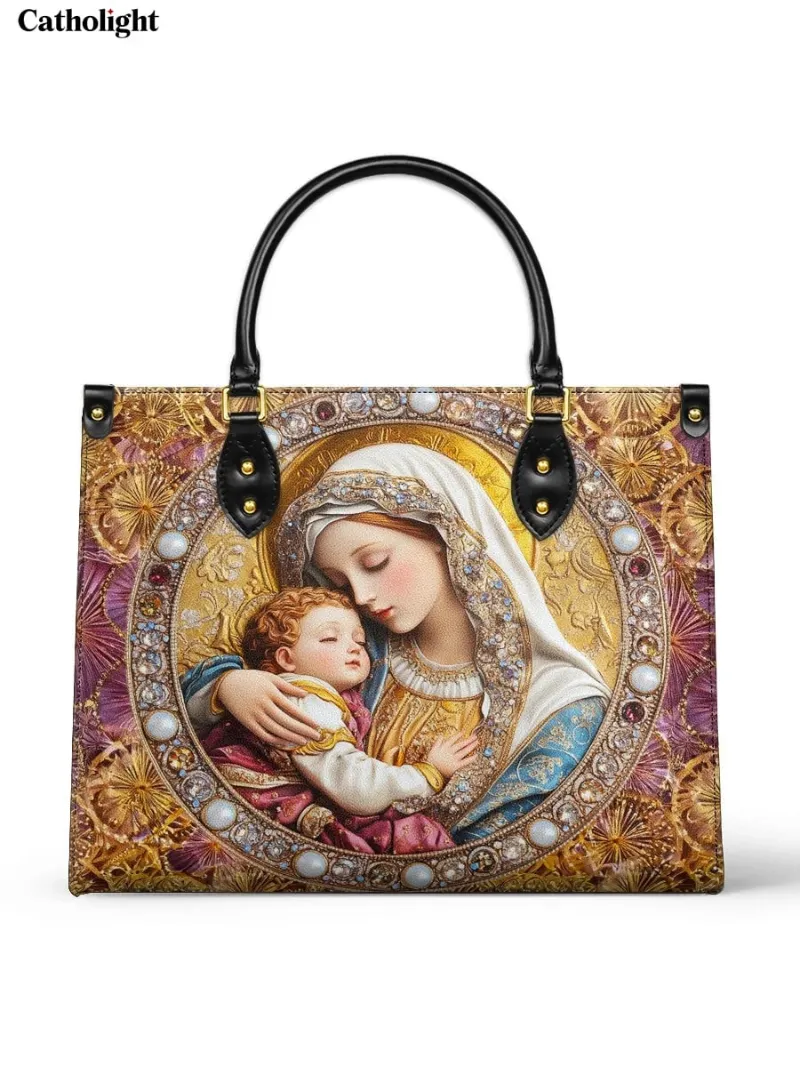 Catholight Divine Madonna And Child Leather Bag showing religious artwork on tote bag