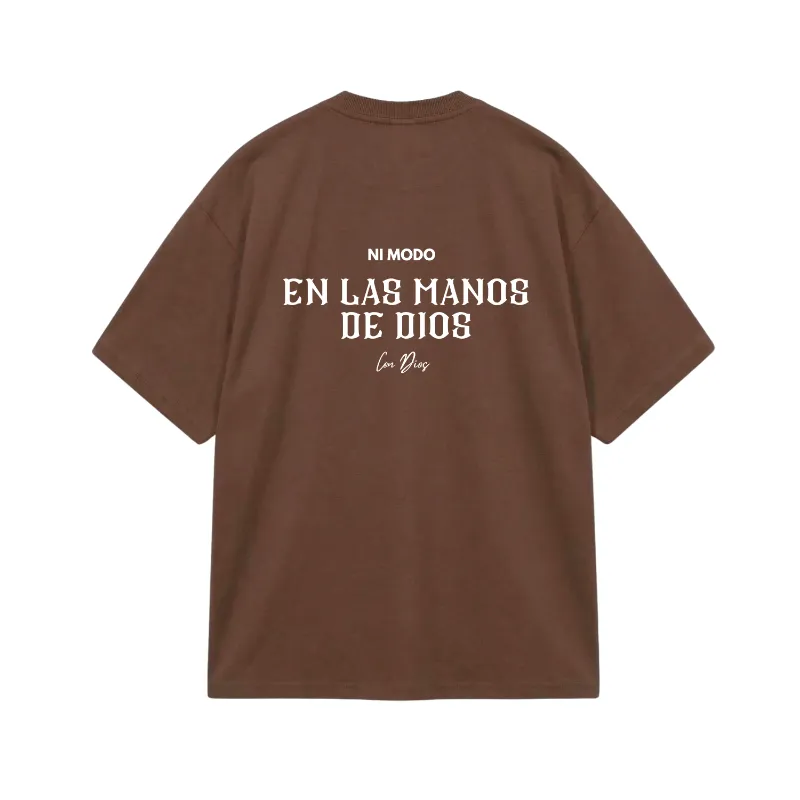 Nimodo En Las Manos De Dios T-Shirt in mocha brown with oversized fit and graphic lettering
