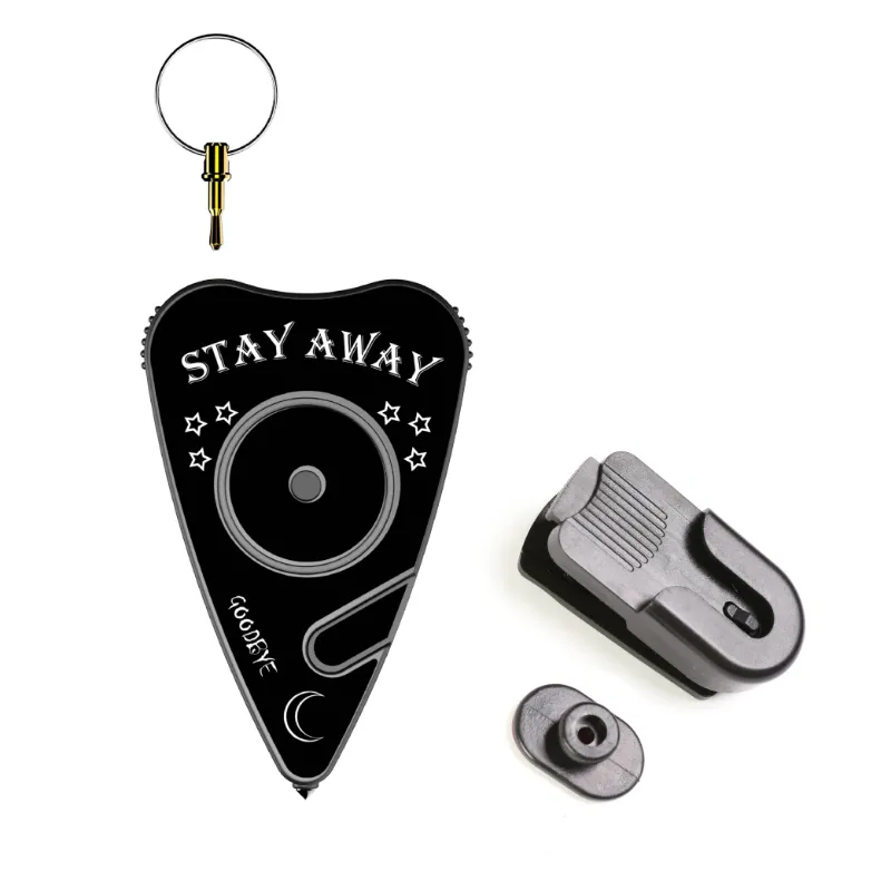 The Stinger Tools Stinger Stay Away Personal Safety Alarm keychain in black with siren alarm, seatbelt cutter, and glass breaker