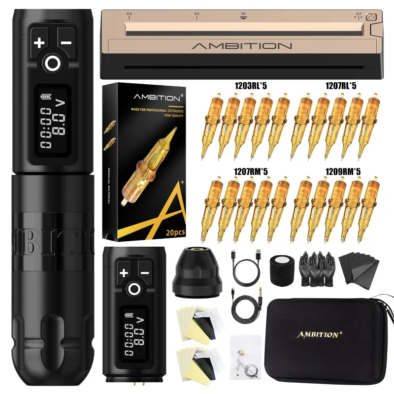 Ambition Tattoo Soldier Wireless Tattoo Machine Kit with two pens and G1 Bluetooth Stencil Printer