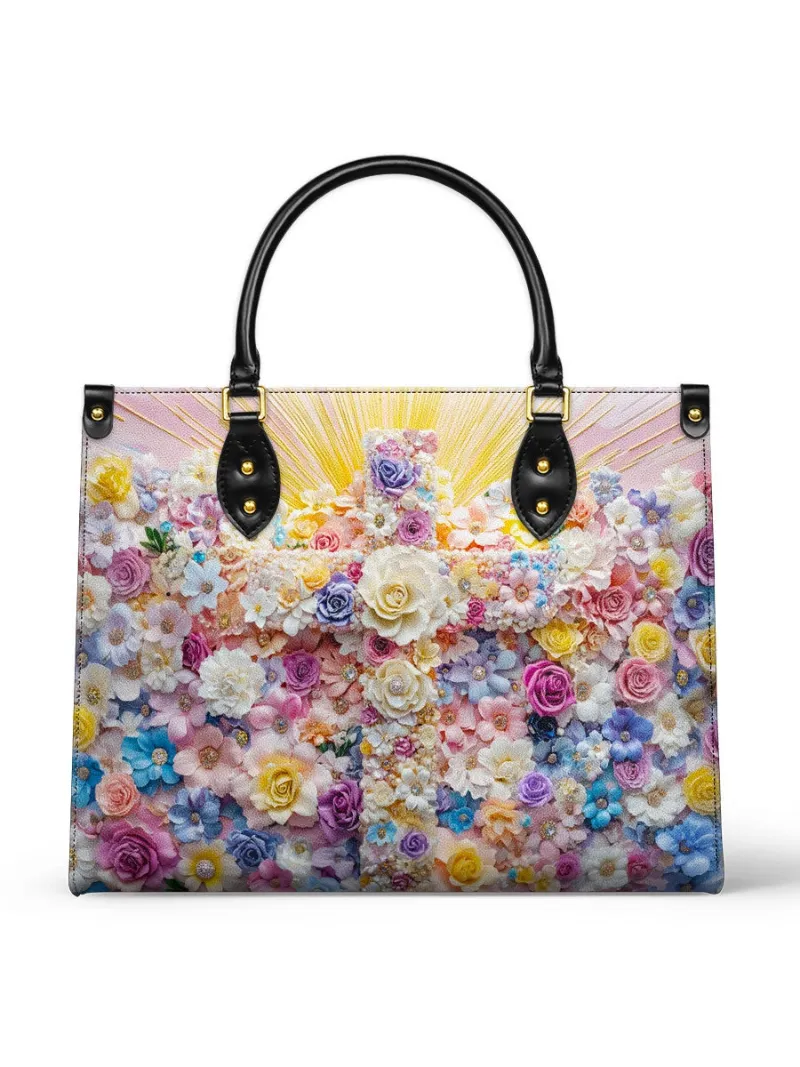 Catholight Floral Resurrection Leather Bag showing a cross made of colorful blooming flowers