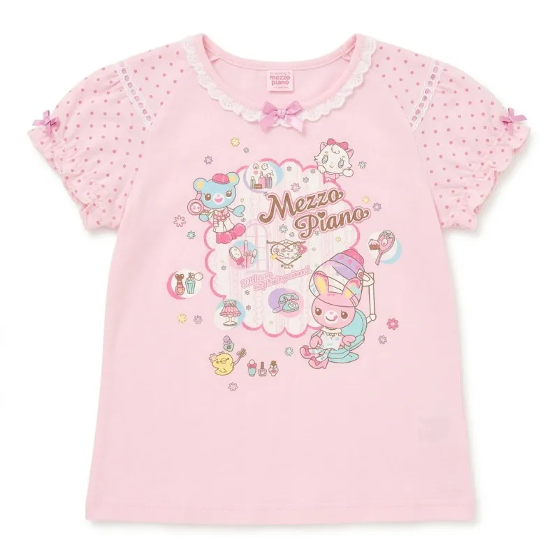 Shoptery Fairy Kei Mezzo Piano Kawaii Mascot Lace Bow Pink Tee, pink cropped tee with cartoon print and bow detail shown flat