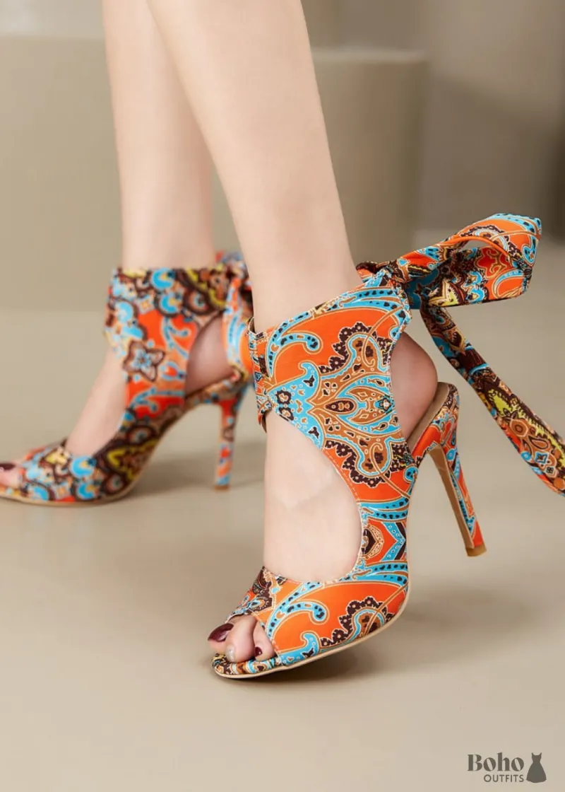 Boho Dress Bohemian Stiletto Sandals, peep toe lace-up heels with ethnic styling