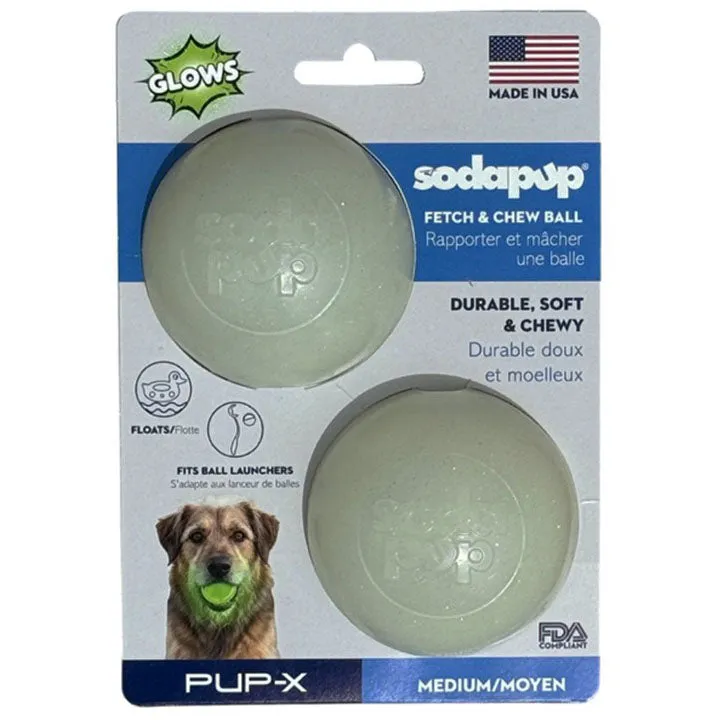 Soda Pup Glow in the Dark Glitter Ball 2-Pack with two soft rubber floating fetch balls