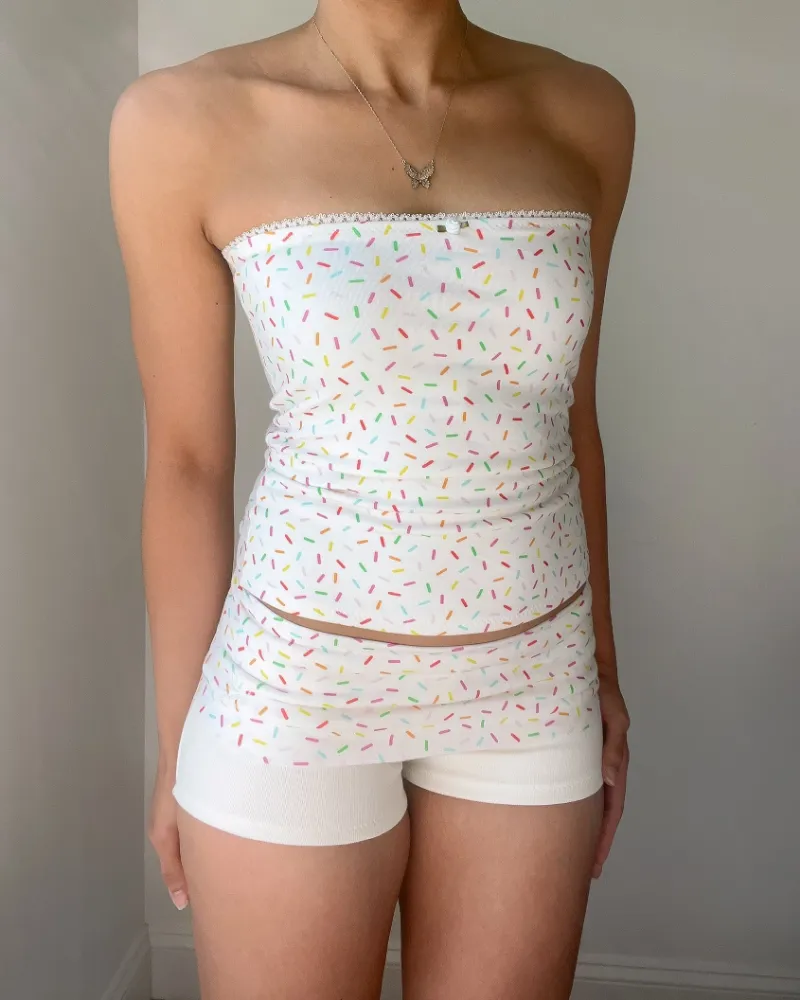Bit By Angie Birthday girl foldover set in White showing tube top and shorts