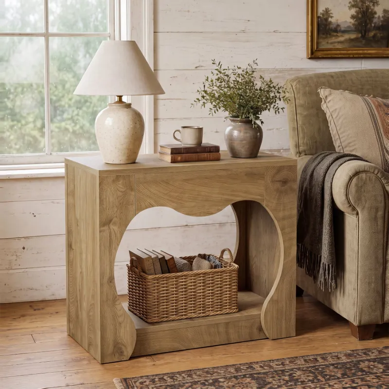 Tribesigns 2-Tier End Table, farmhouse side table with curved arch cutout and two open shelves