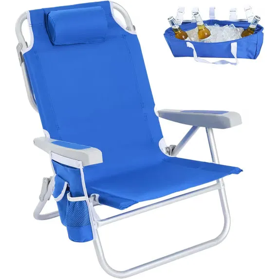 SunnyFeel Outdoor Low Beach Chair 5 Position Lay Flat with Cooler Bag in blue, shown packed