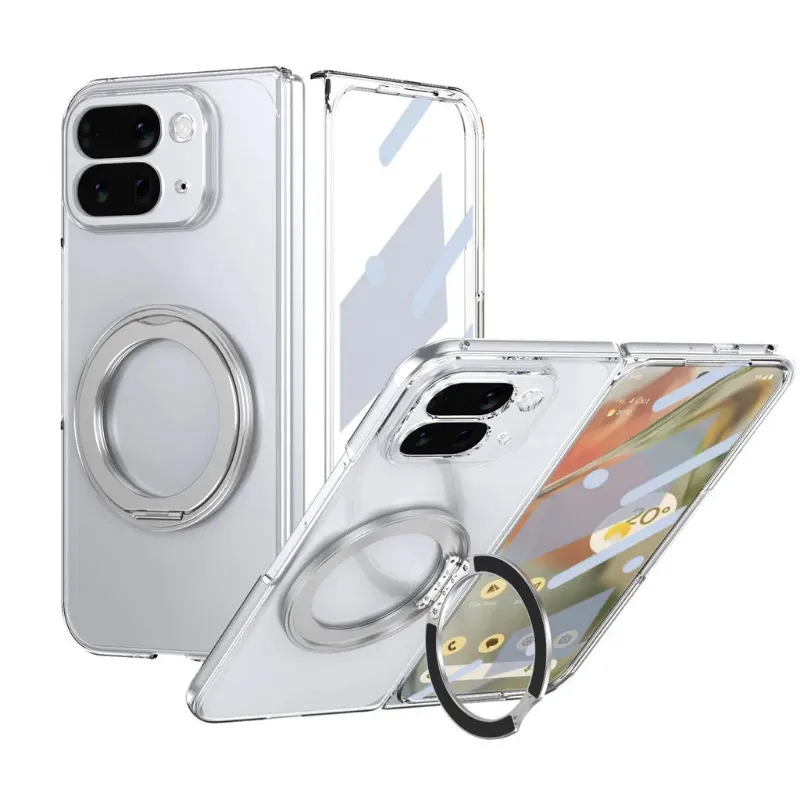 The Pixel Case Clear Magnetic Ring Case with Kickstand showing transparent back and rotating metal ring