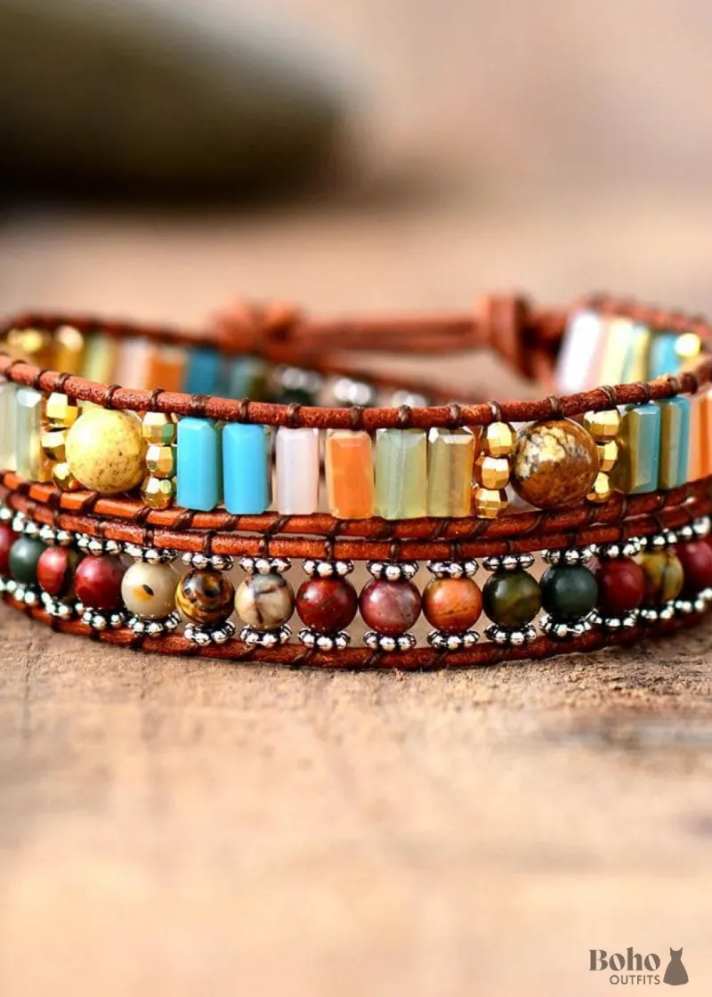 Boho Dress Boho Bracelet, 2 Layers Leather Wrap Bracelet with crystal and brown stone