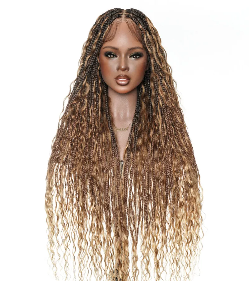 Jaliza 36 inch Blend Color 1B 30 27 Pre Bleached Human Hair Curls Boho Box Braided Wig with warm-toned highlights