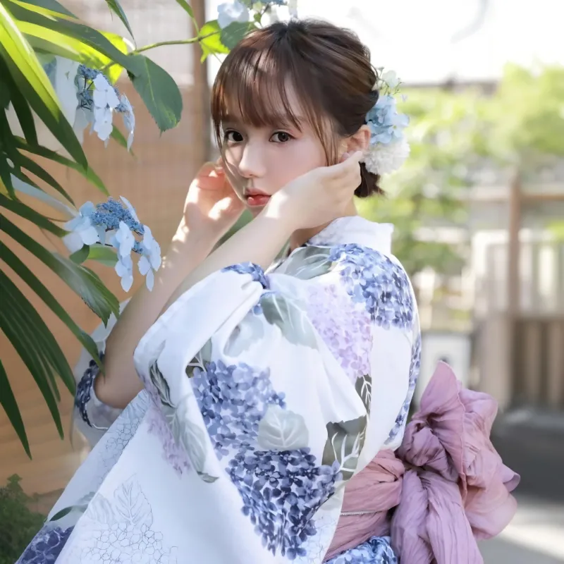Foxtume Ajisai Women Festival Yukata in purple flower pattern