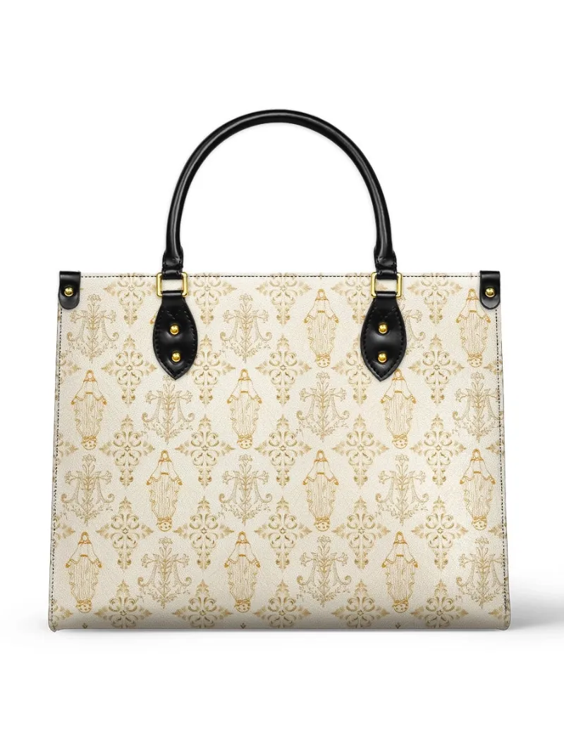 Catholight The Ave Maria Pattern Leather Bag with intricate Marian design and golden accents