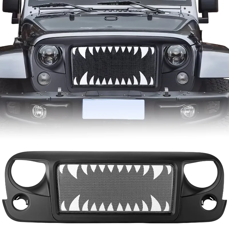 Sunpie Avenger Shark Jeep Grille for 2007-2018 Jeep Wrangler JK/JKU, showing matte black angular shark-tooth design