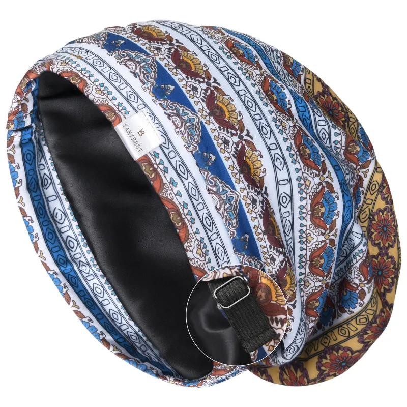 Yanibest Butter Satin Lined Slouchy Cap in coastal paisley print showing the roomy satin interior
