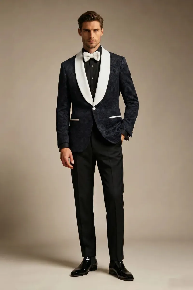 Wehilion Men's Black Jacquard White Shawl Lapel 2-Piece Tuxedo Suit, black tuxedo with white satin lapels