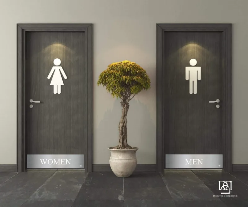 Deck the Door Decor Men's Restroom Door Kick Plate with engraved wayfinding signage for commercial use