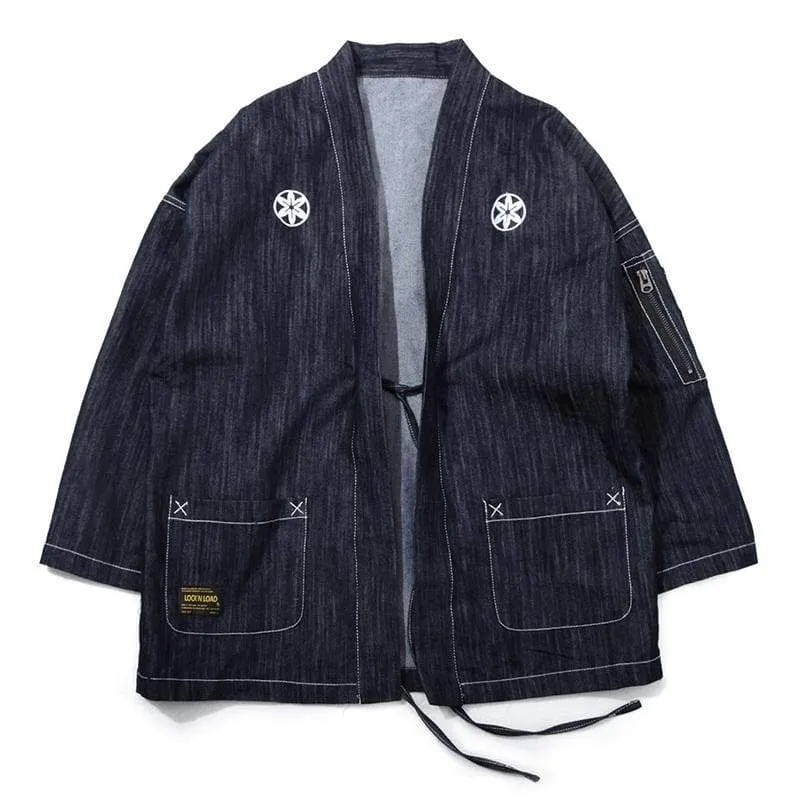 Foxtume Men Denim Kimono Jacket denim cardigan with embroidery