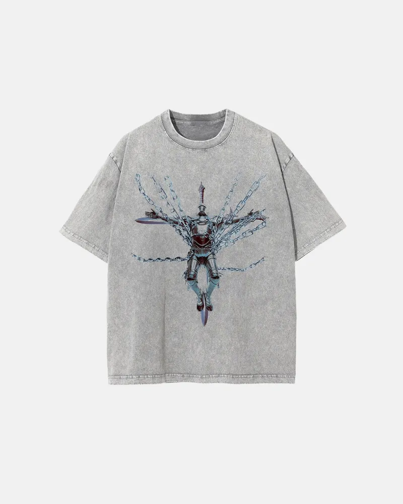INFLATION Acid Washed Graphic Oversized T-Shirt with armored knight print on grey background