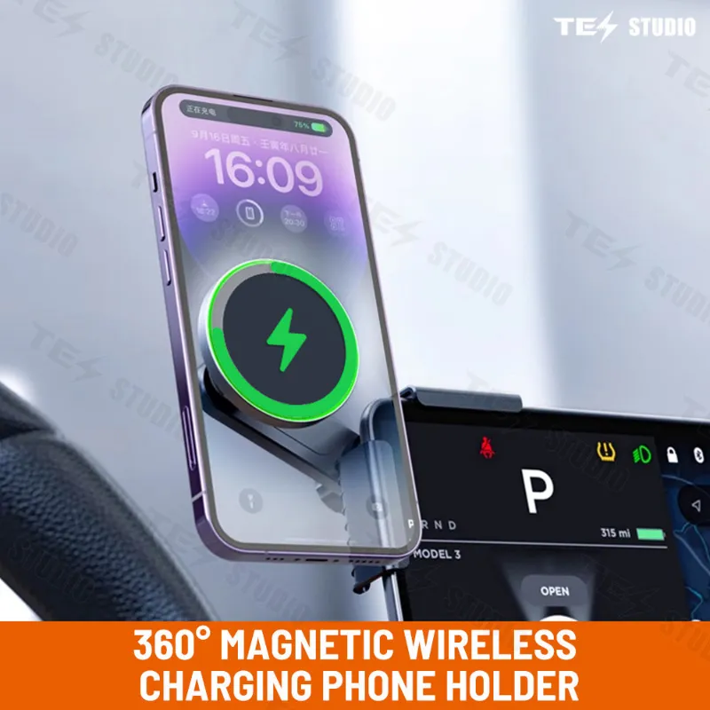 Tesstudio 15W Magnetic Wireless Car Charger Mount holding phone in Tesla Model 3 interior