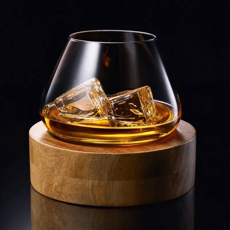 TsukiGlass Kami Rotating Crystal Whisky Glass with wooden coaster