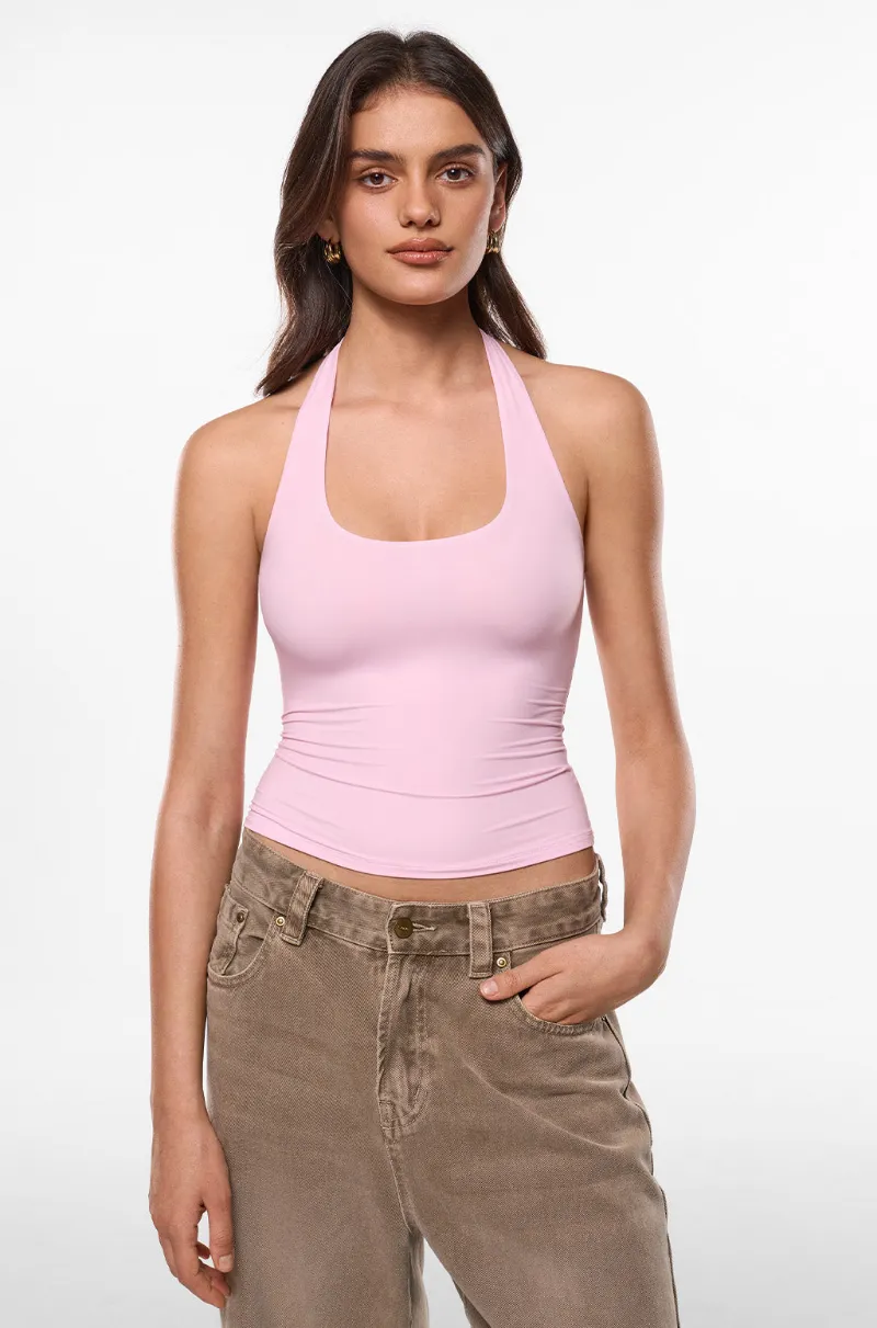 Essenther Global Inbarely Soft Deep Halterneck Double Lined Top with open back and halter neckline