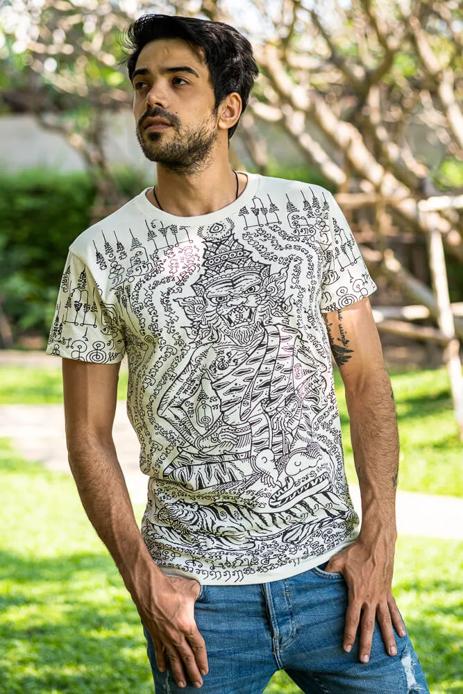 Hippie Pants White Hermit T-shirt, white men's tee with black sak yant hermit print front and back