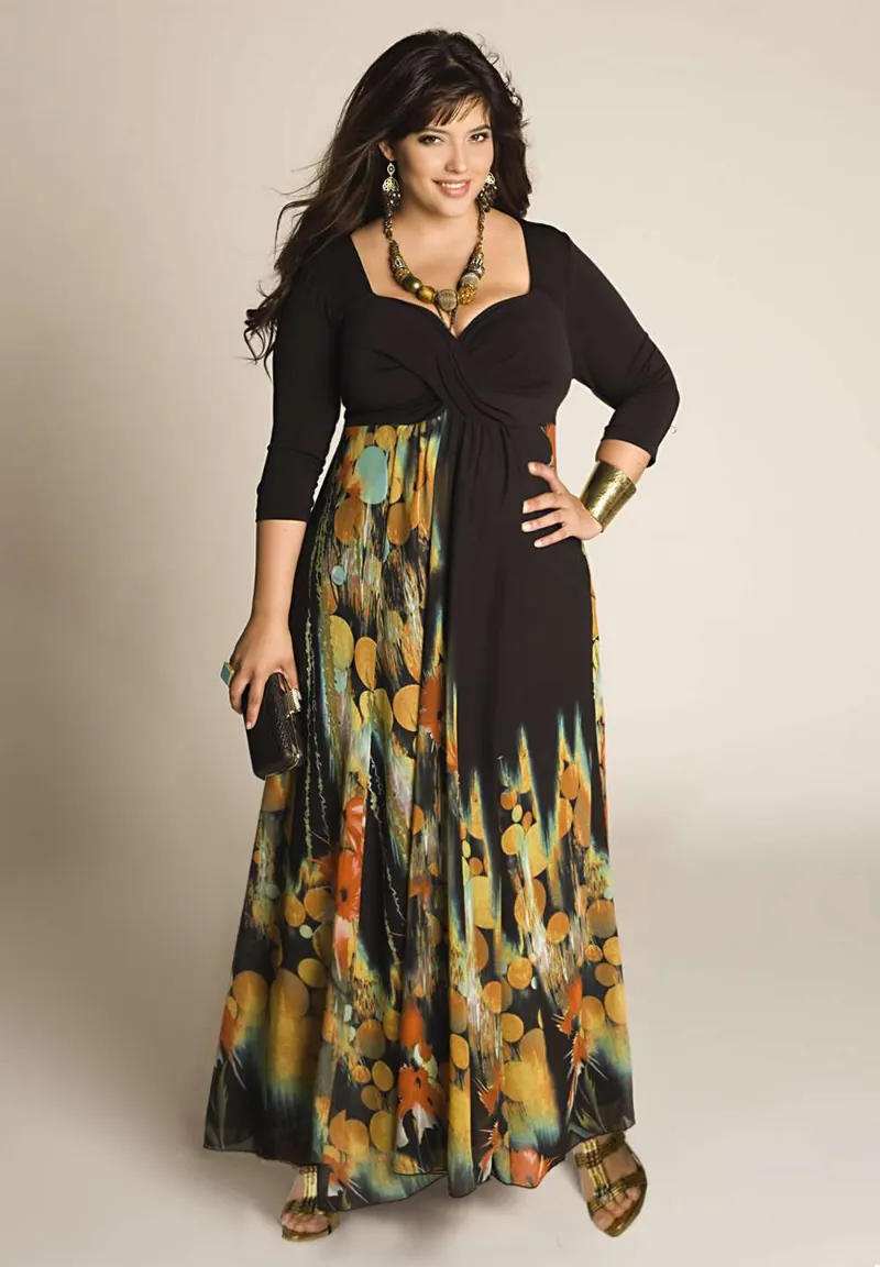 IGIGI Kassia Plus Size Dress blue cross-over bodice with colorful printed skirt