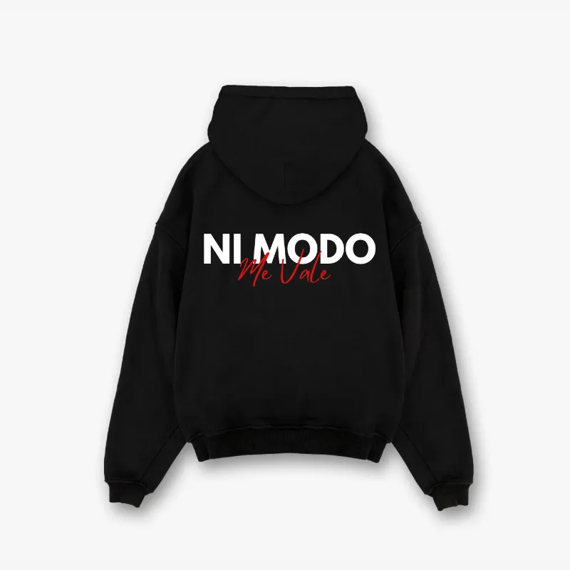 Nimodo Me Vale Hoodie Black, soft cotton blend hoodie with Ni Modo and me vale print