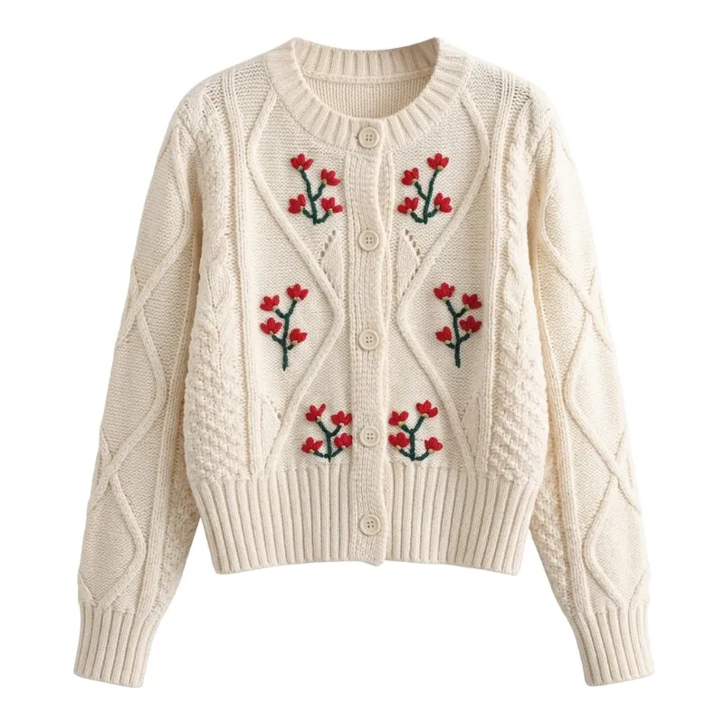 Cottagecore Clothes Cottagecore Tulip Cable Knit Cardigan cream cropped cardigan with red tulip embroidery and cable knit sleeves