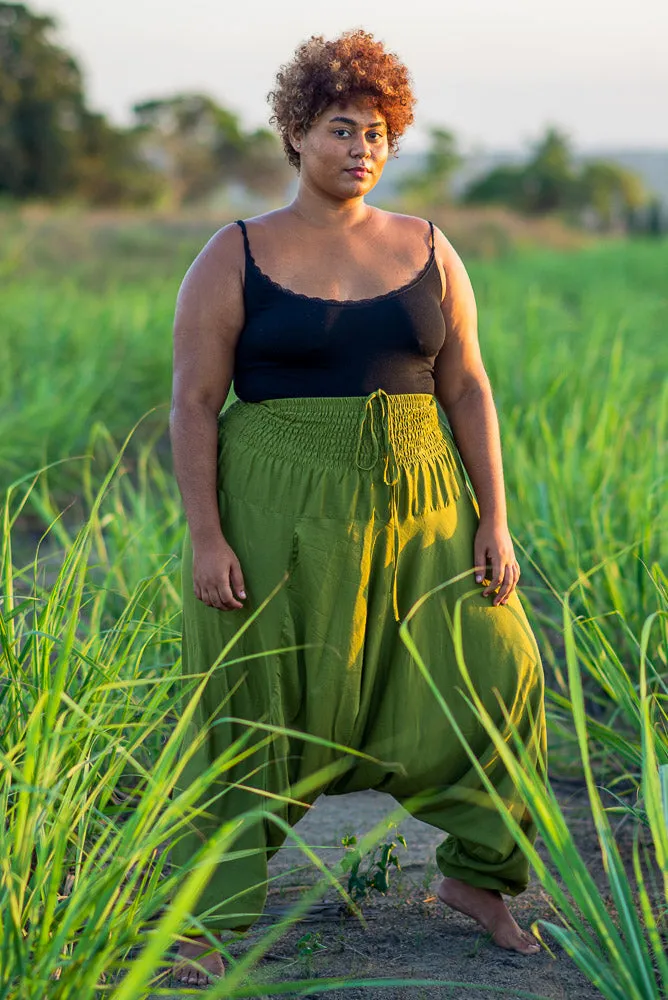 Hippie Pants Plus Size Olive Green Classic Pants, soft harem pants shown front