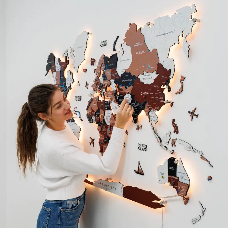 Enjoy The Wood 3D LED LUMINOUS Wooden World Map 3.0 Rustic showing layered continents with dual lighting