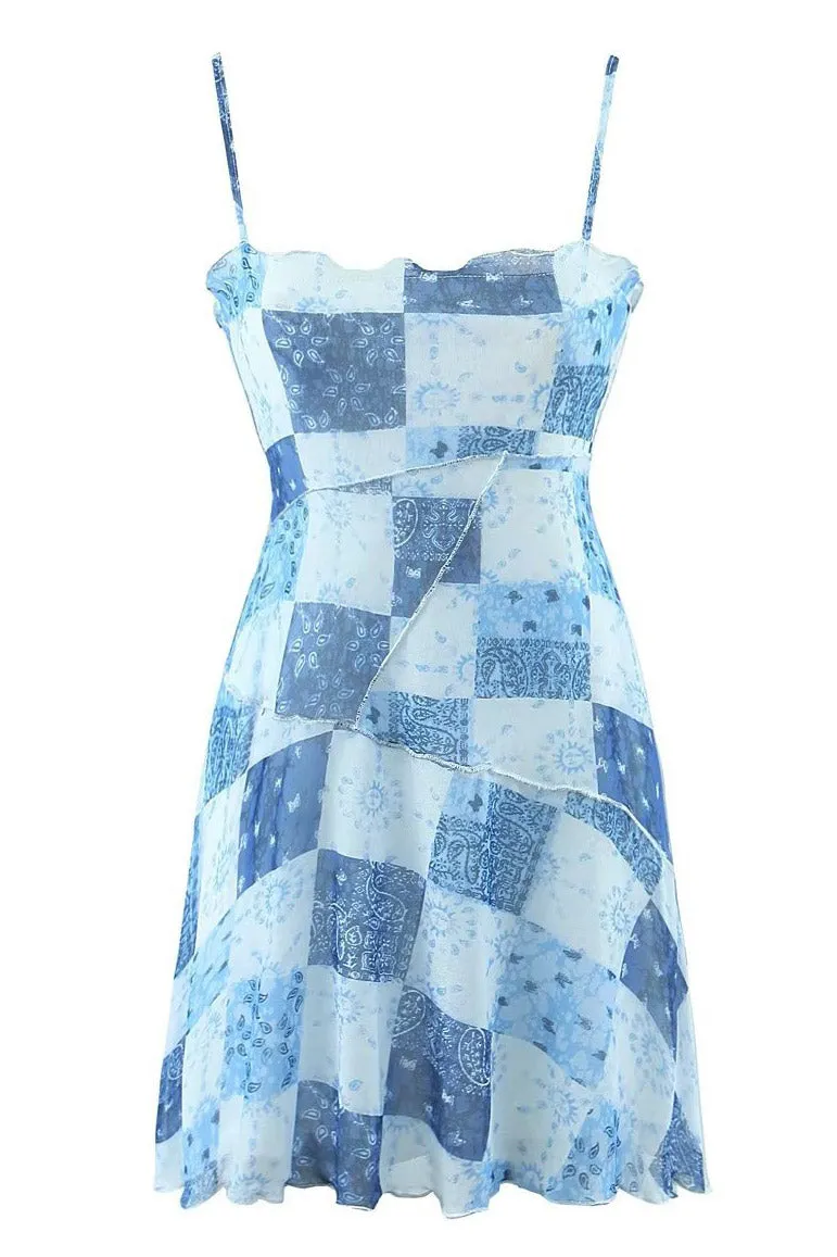 Mislish Blue Print Spaghetti Straps Midi Dress, front view