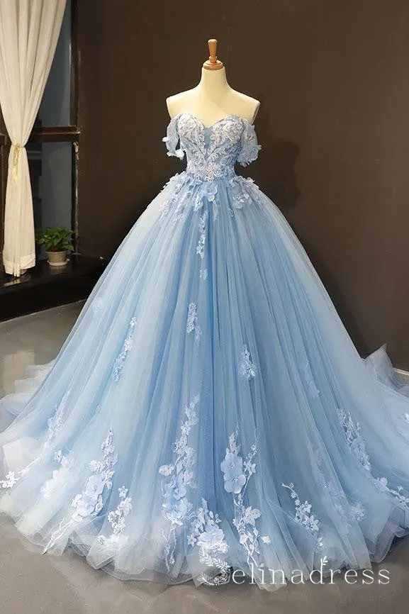 Selinadress A-line Blue Off-the-shoulder Long Prom Dresses Vintage Lace Formal Dresses Evening Gowns