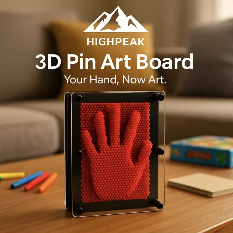 HighPeak 3D Pin Art Board, a colorful pin impression board showing a hand imprint