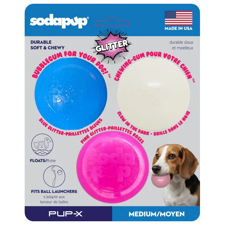 Soda Pup Glitter Ball 3-Pack with blue, pink, and glow-in-the-dark soft rubber fetch balls